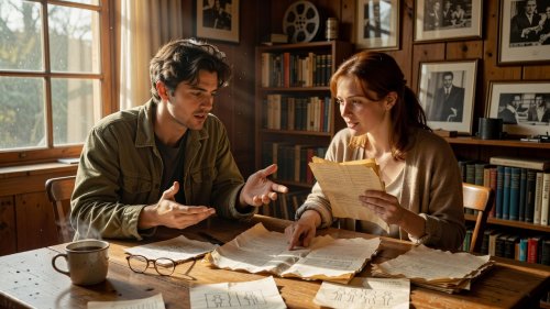 Individuals discussing quiet film narratives in natural daylight