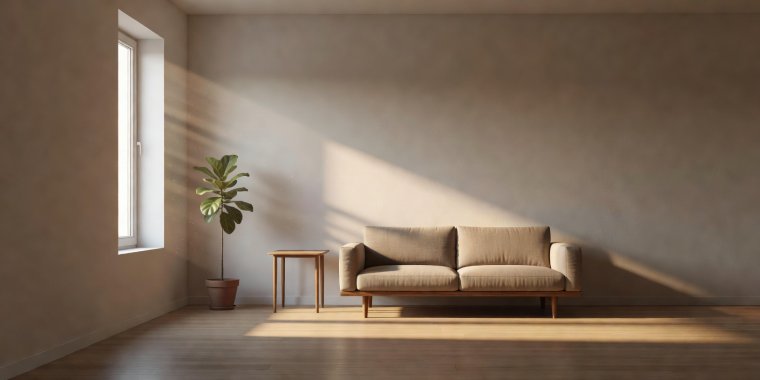 Subdued room framing an intentional wide shot with morning sunlight